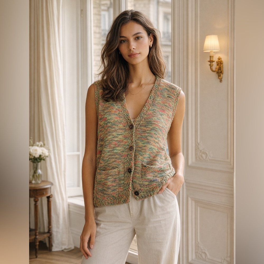 Multicolor Hand-Knit V-Neck Button Vest